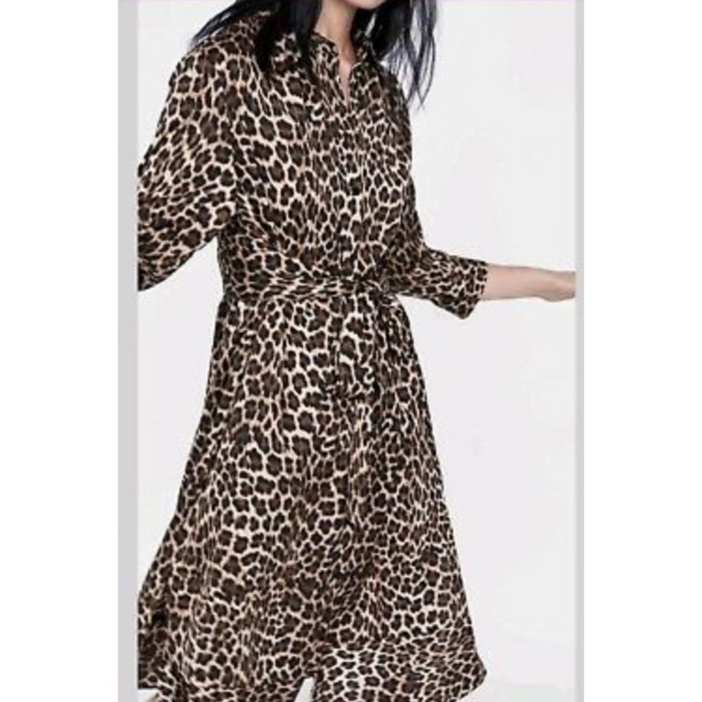 Zara Animal Print Belted Shirt Dress sz XS